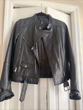 Zara Black Leather Biker Jacket with Belted Hem
